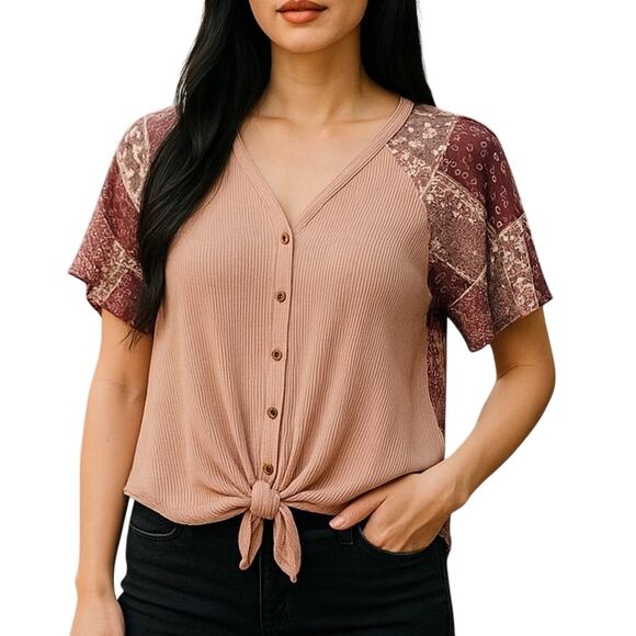 Altar'd State Waffle Knit Tie Front Blouse Patchwork Paisley Sleeves Size Small - Picture 1 of 14